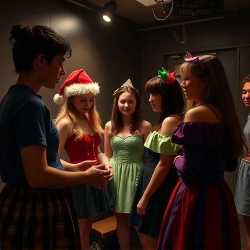 A group of students in costume, preparing to go on stage