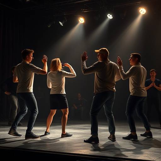 Students practicing movement and expression on stage